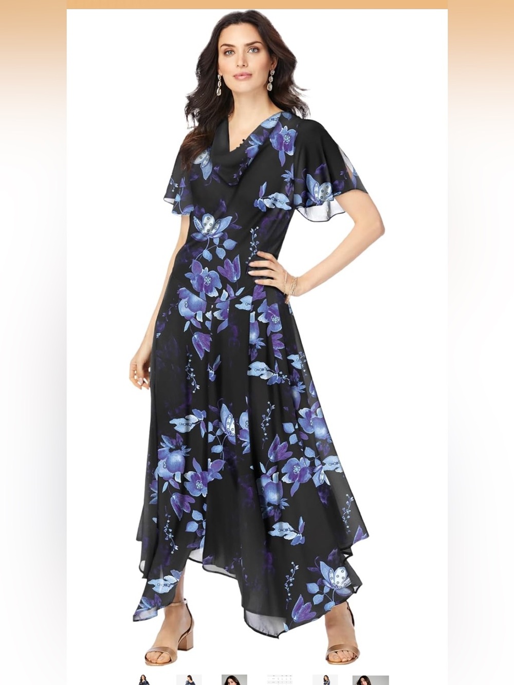 Roaman's Plus Size Floral Sequin Flutter-Sleeve Gown Handkerchief-Hem Maxi Dress